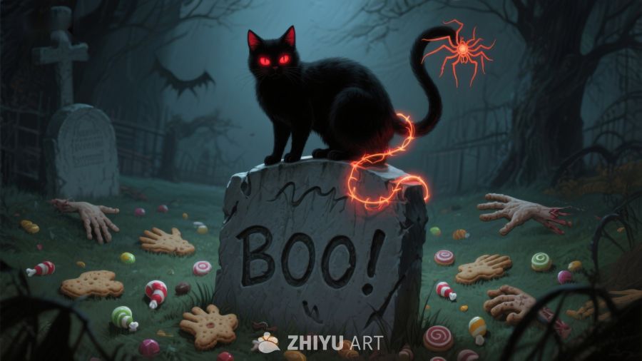 万圣夜墓地黑猫与糖果