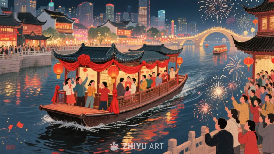 夜景河畔游船庆祝 1187