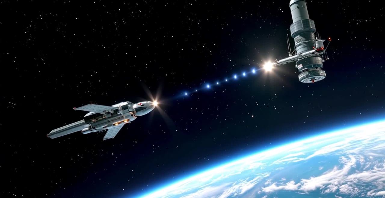太空飞船连接空间站，地球在背景，宇宙星光点缀。