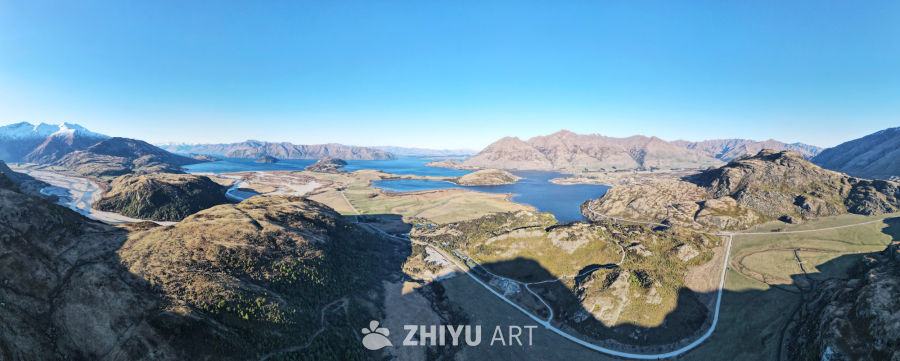 登高全景航拍新西兰南岛瓦纳卡湖雪山湖泊峡谷河流 1