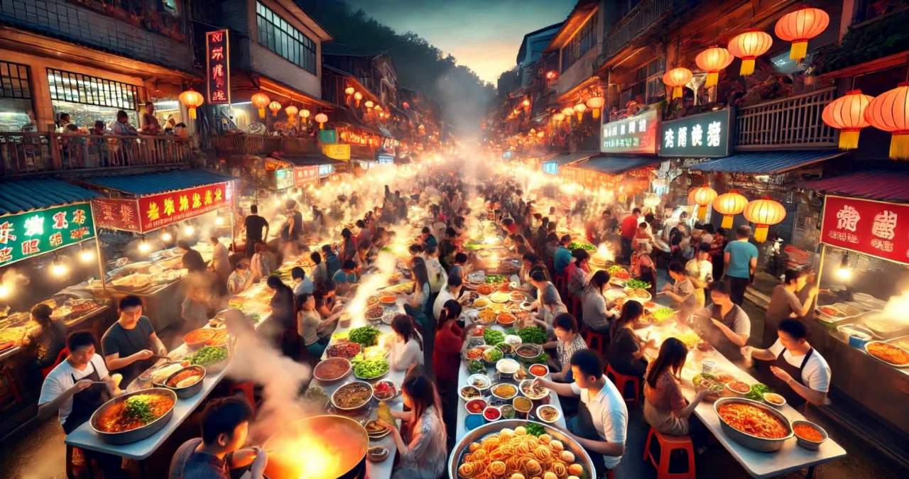 夜市人头攒动，灯笼高挂，点亮了整个场景。人们围坐在