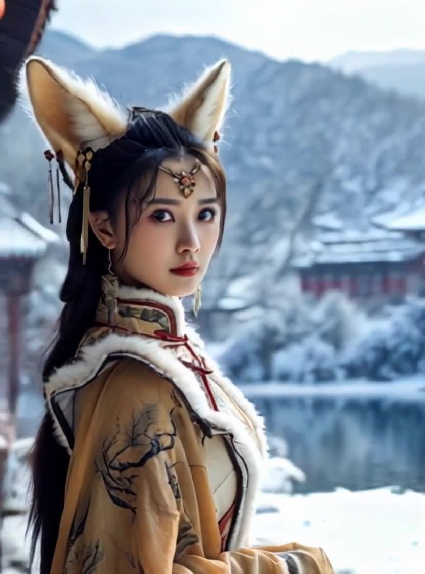 古装狐耳女子雪景写真，古典中式风格唯美