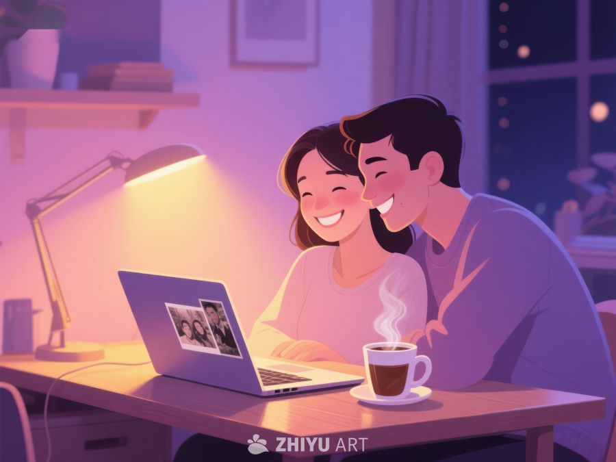 温馨夜晚，情侣共赏电脑屏幕 897