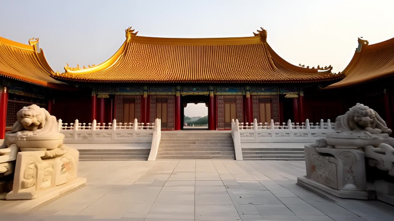 高耸的宫殿建筑群，屋顶为金色，立柱呈红色。建筑群前