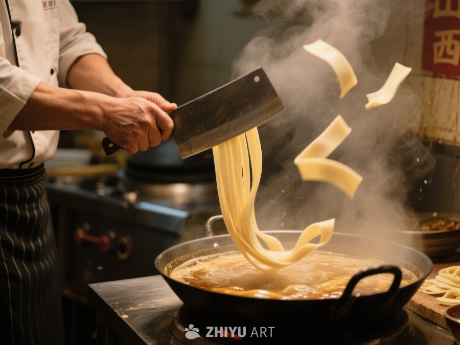 厨师挥刀切面，热气腾腾 67