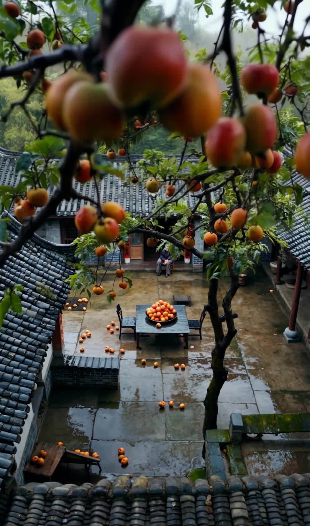 庭院柿子树下，老人与满地柿子构成诗意画面。