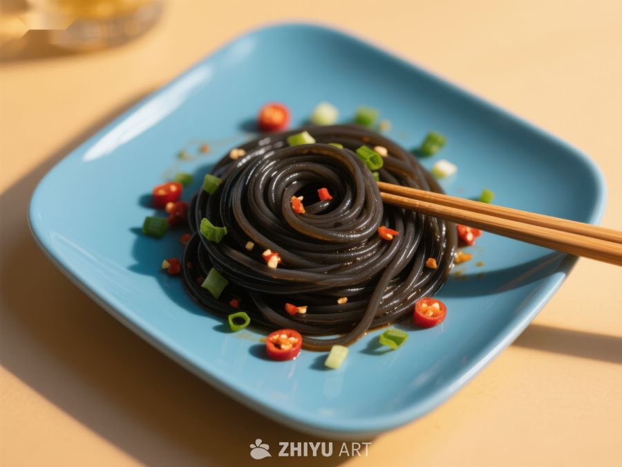 蓝盘上的黑色凉粉配辣椒和葱花 770