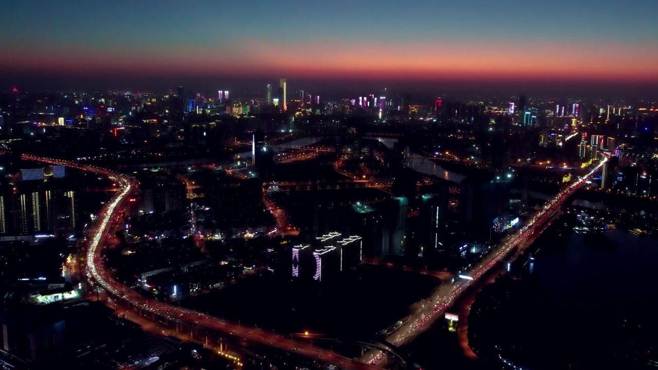 长沙傍晚时分城市夜景航拍