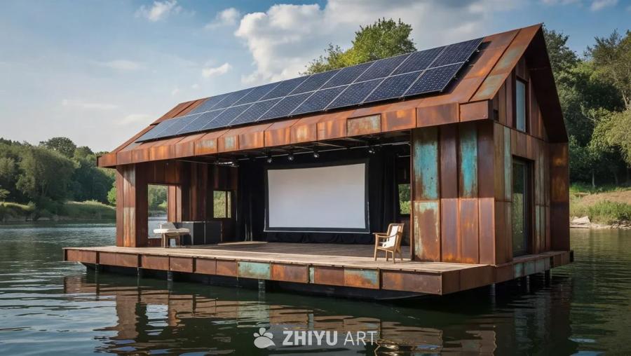 漂浮在水面上的建筑物，主要材质为木材、金属和铜。屋