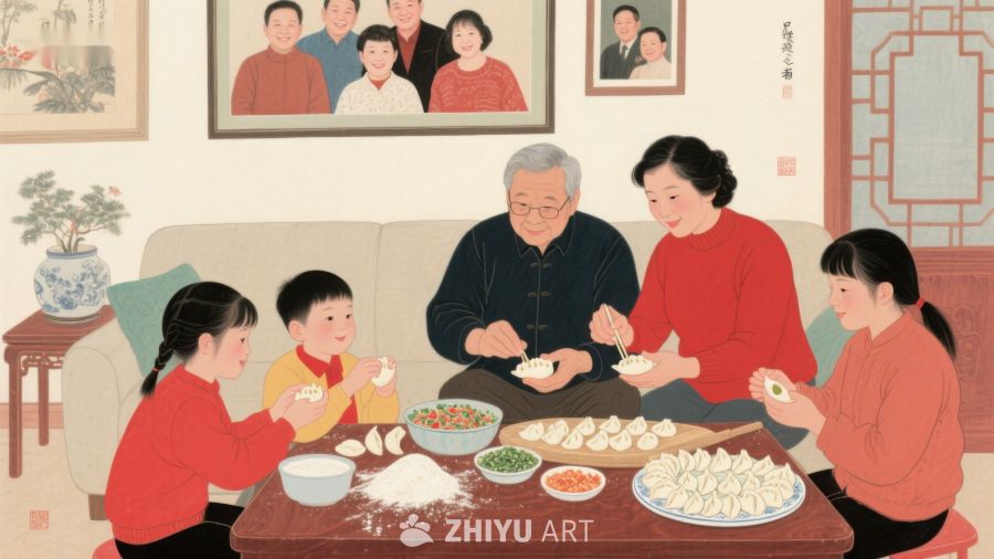 家庭围坐包饺子，温馨节日氛围 552