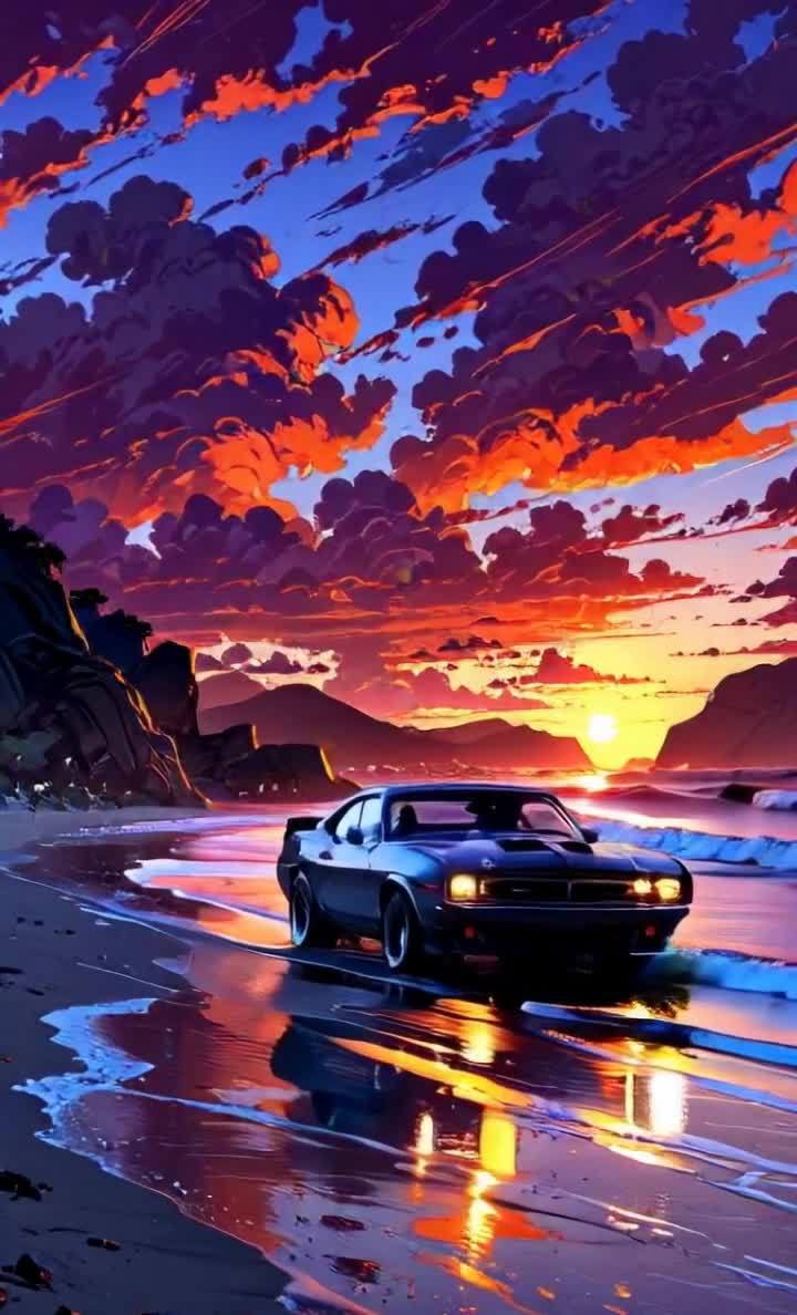 海边落日余晖下，行驶的黑色轿车与山景