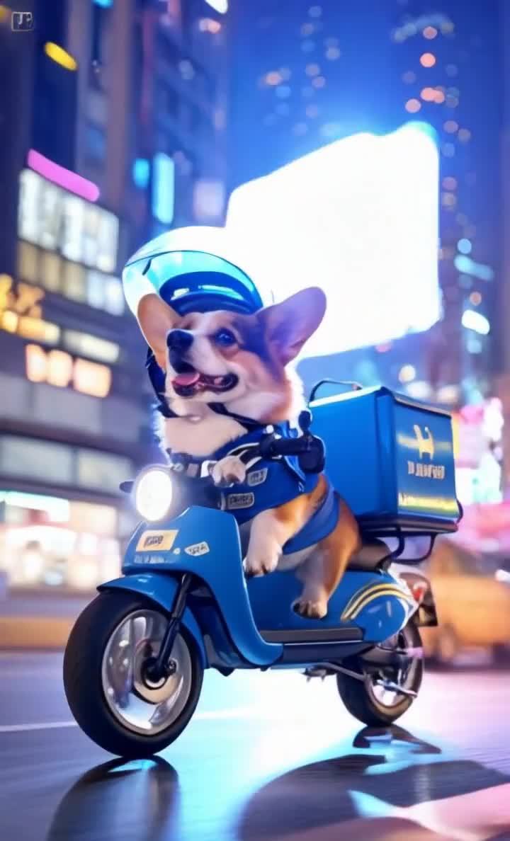 柯基犬夜间骑蓝色摩托车送货，城市夜景。