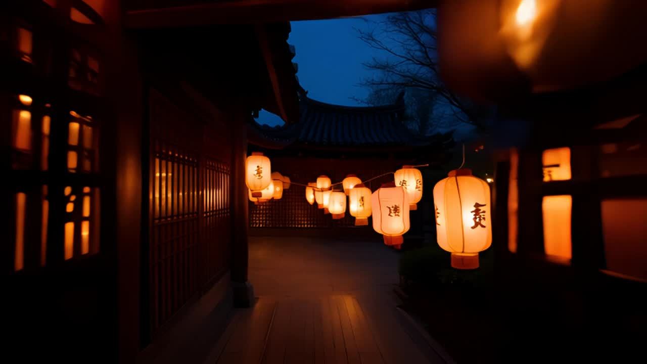 夜色中，一座中式传统房屋内，一盏灯笼发出柔和的光芒