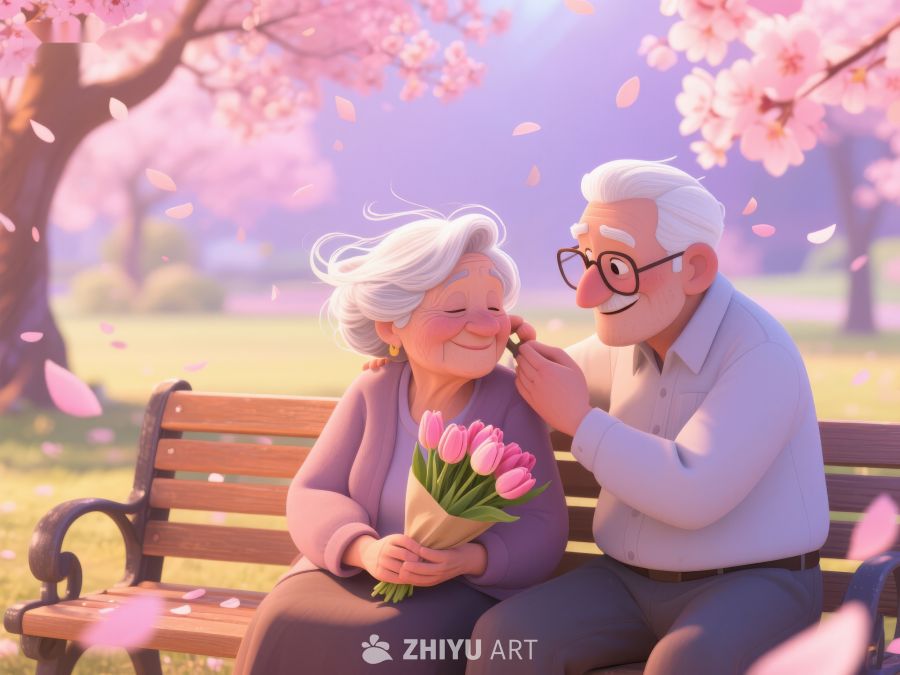 老人公园温馨送花 458