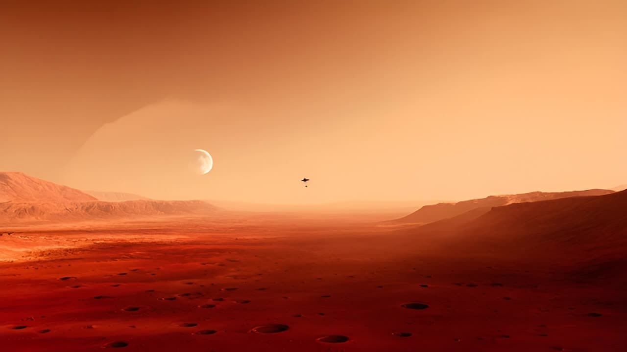 火星表面呈现红色地貌，有陨石坑、山谷和沙尘暴。一艘