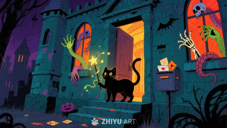 万圣节夜景：黑猫与幽灵古堡