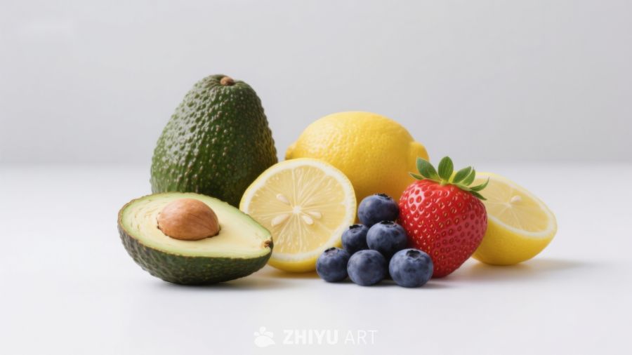 新鲜水果组合：牛油果、柠檬、蓝莓和草莓 1045