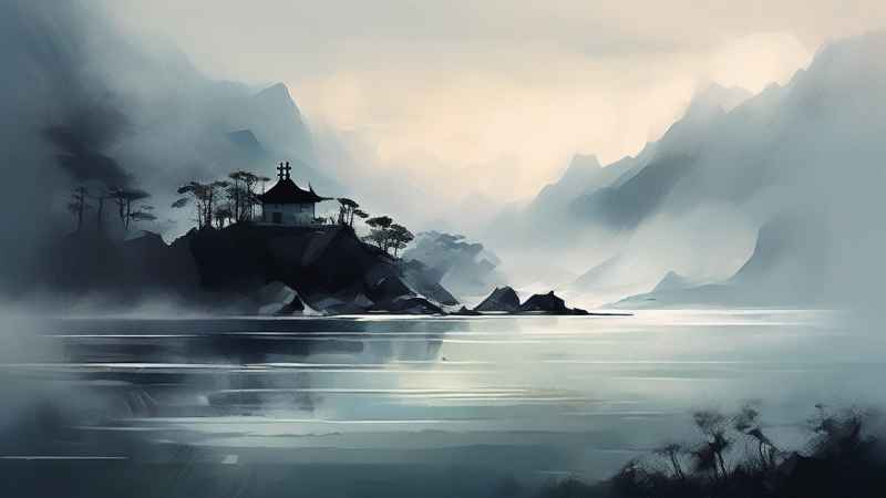 雾气缭绕水墨山水画简约风格 2