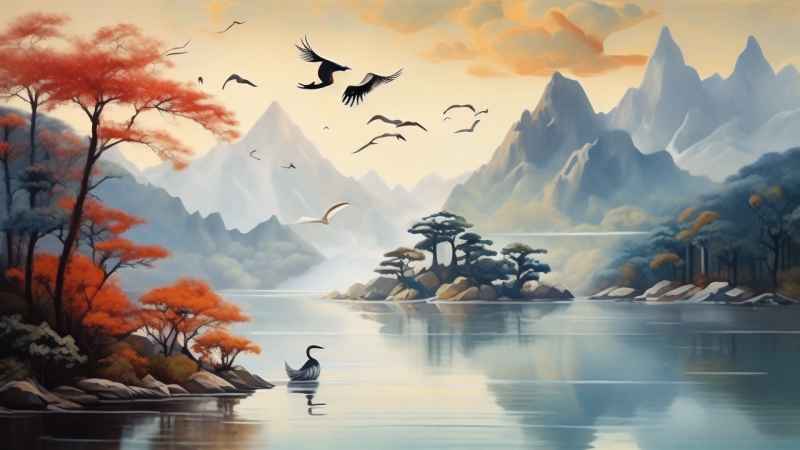 国风山水鹤插画背景 58