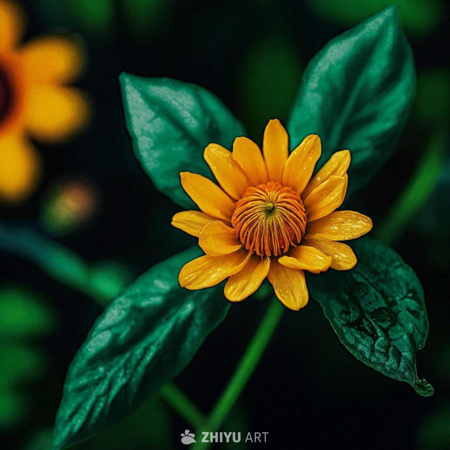 一朵壁纸花，花蕊呈鲜艳的黄色，周围环绕着茂盛的绿色