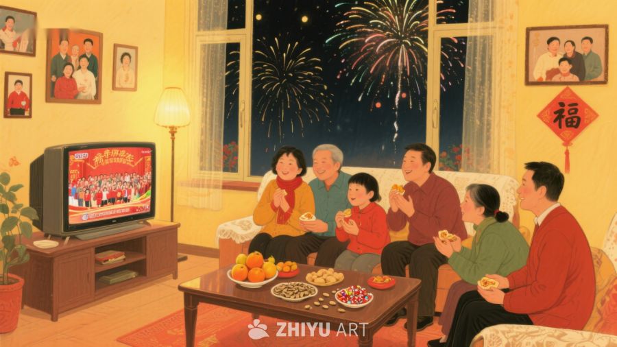 家庭围坐观看电视庆祝节日 81