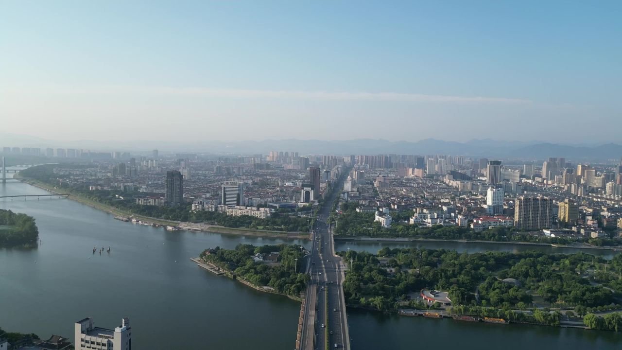 航拍金华通济桥五百滩公园