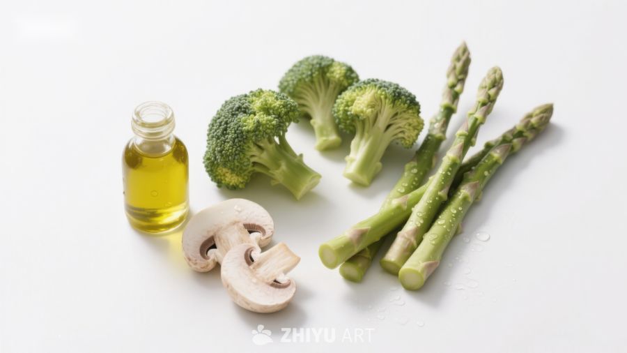 新鲜蔬菜与橄榄油摆拍