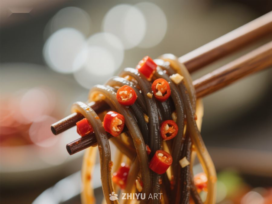 筷子夹起香辣面条特写 730