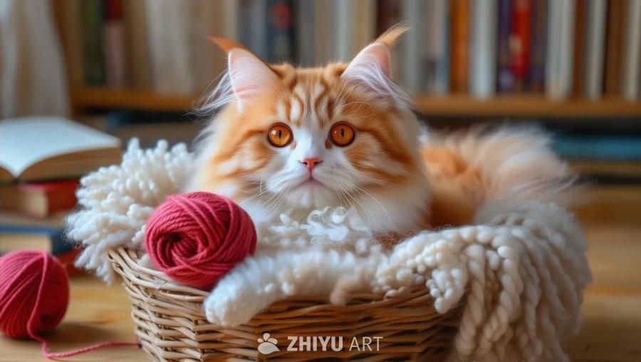 一只橘色毛发蓬松柔软的猫，带有浅浅的白色条纹，拥有