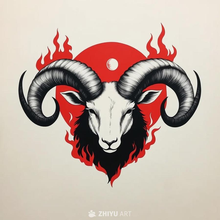 一幅极简主义的黑白墨画，描绘了一只白羊座的公羊，并