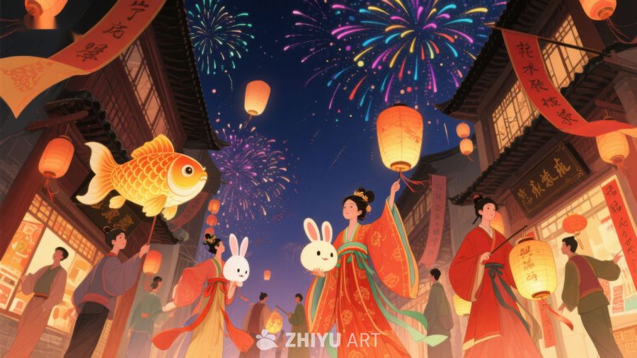 夜市灯火璀璨，人物欢庆节日 1232
