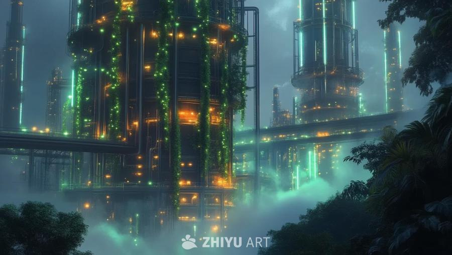 多个石化工厂建筑，结构复杂，线条纵横交错，部分被绿