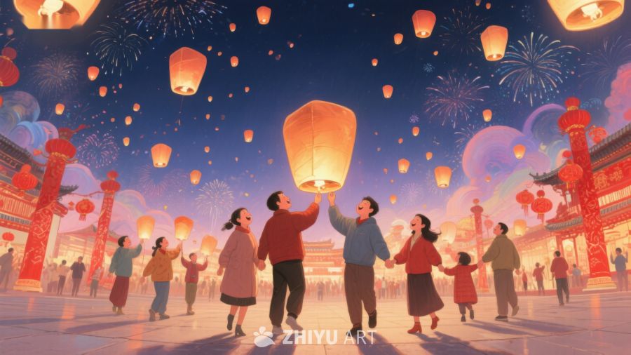 夜空下的灯笼与烟花庆典 1199