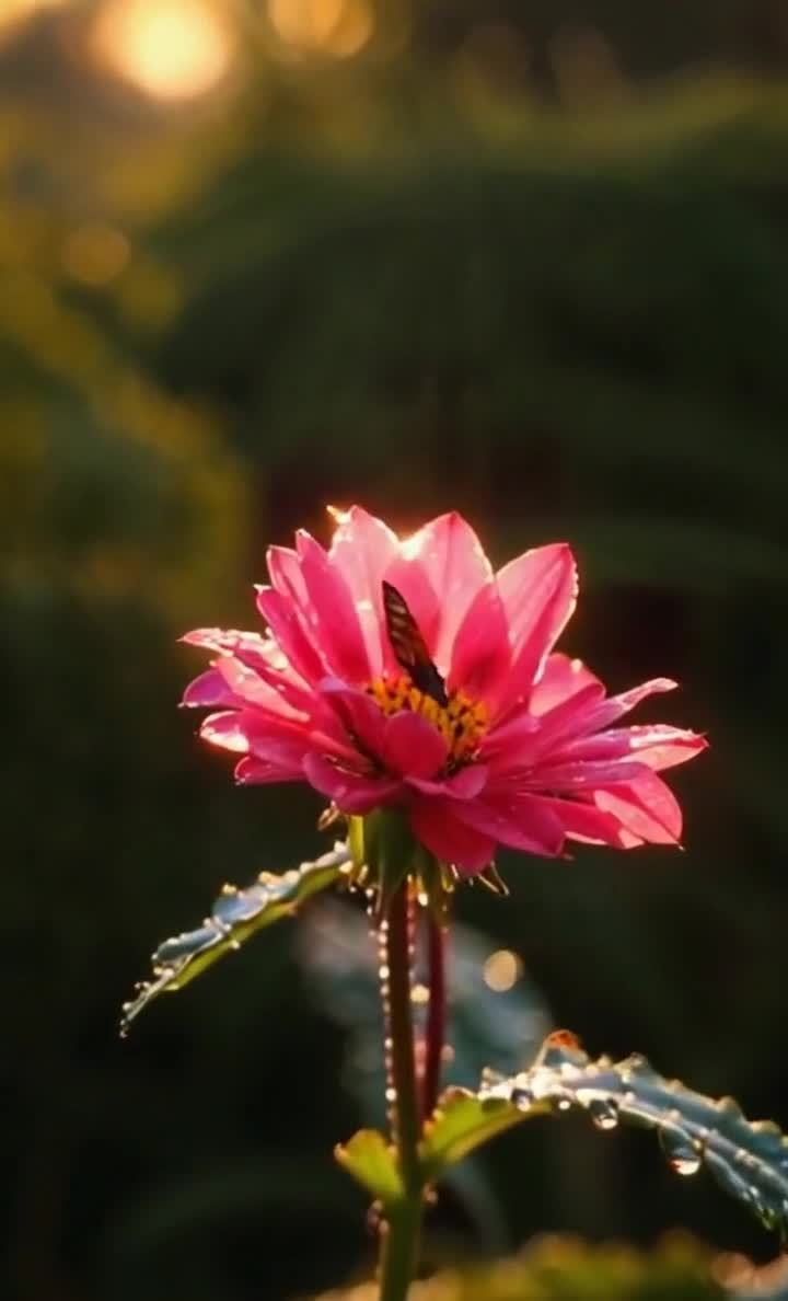 粉色花朵逆光摄影，晶莹露珠点缀，唯美特写