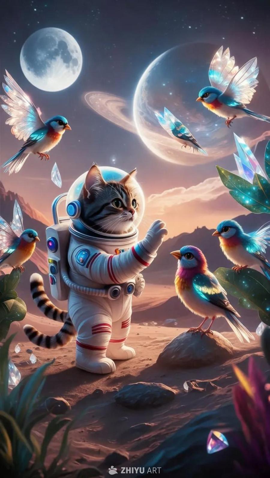 一只穿着未来宇航服的猫，站在一个外星球上，它抬起一