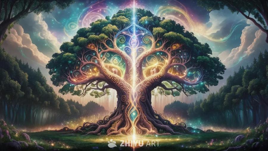 森林里，一棵巨大的树木占据了画面中心。树干粗壮，树