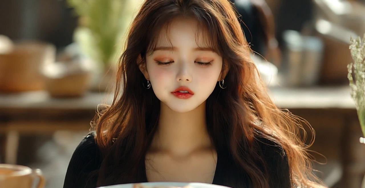 棕发女子餐桌前用餐 近景肖像