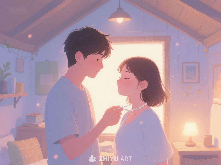 温馨室内，男子为女子佩戴项链 760