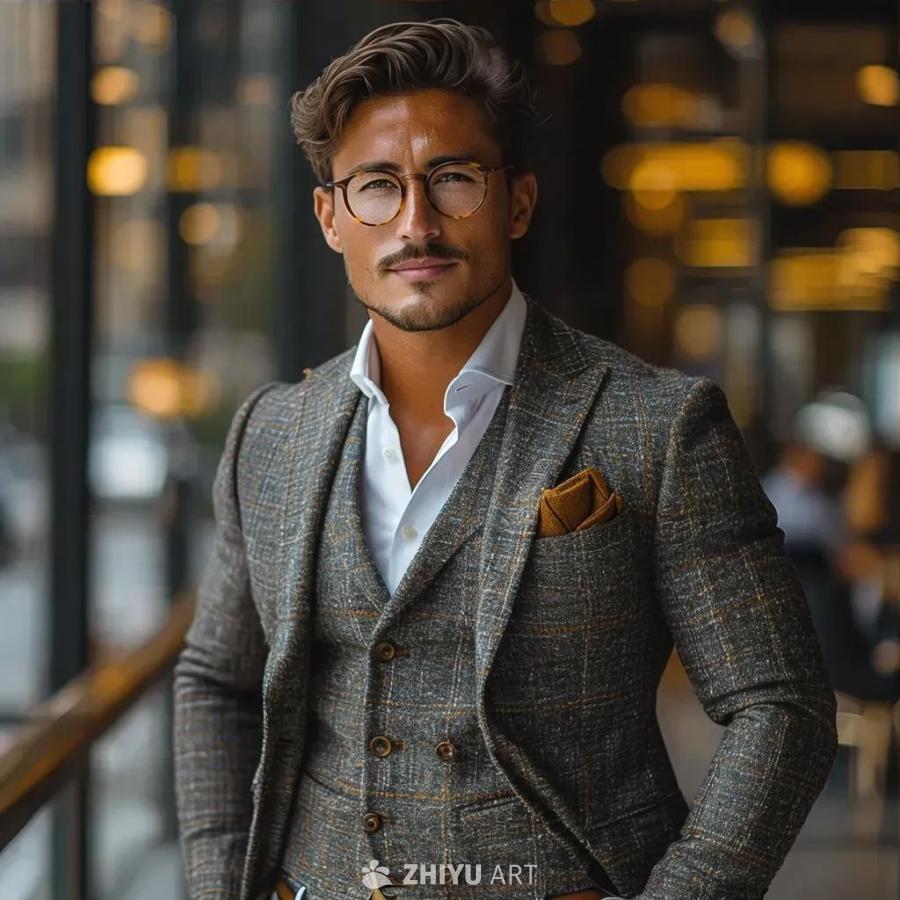 一位男士穿着休闲但正式的服装，戴着眼镜。他穿着一件