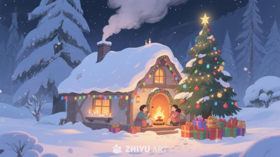 冬夜温馨小屋与圣诞树 92