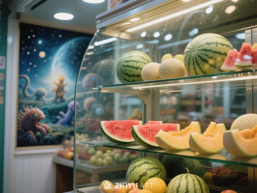 水果展示柜内的西瓜与甜瓜 573