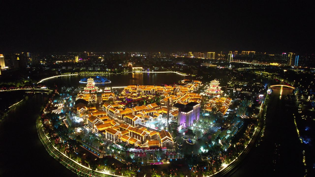 河北沧州南川楼夜景灯光航拍