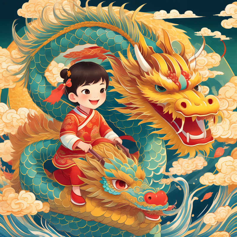 小孩骑着中国龙，中国龙年新年插画 3