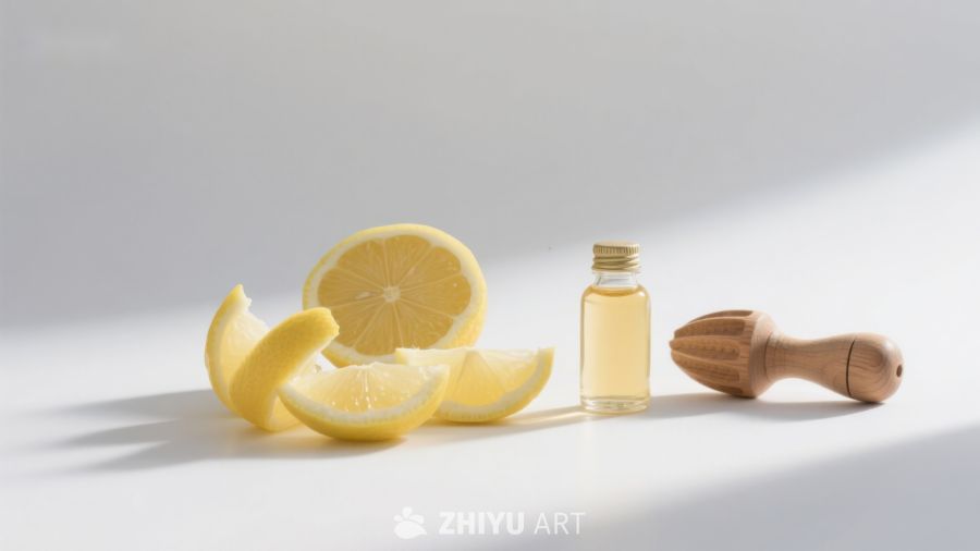 柠檬切片与精油瓶的静物组合 239