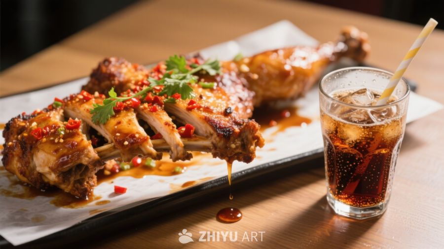 香辣烤肉配冰镇饮料