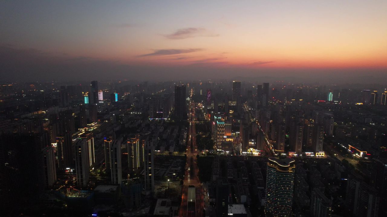 山东日照夕阳晚霞夜幕降临夜景灯光航拍 