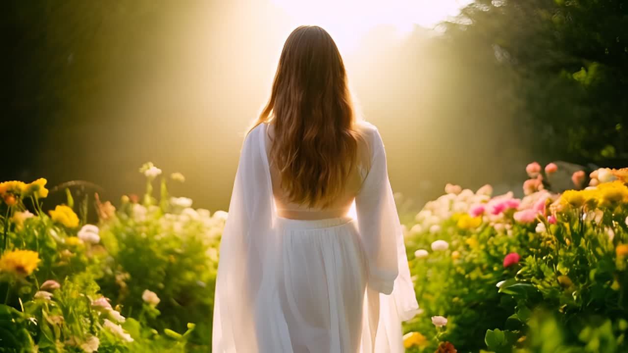 一个浅棕色头发的女人，穿着白色飘逸的服装，背对镜头