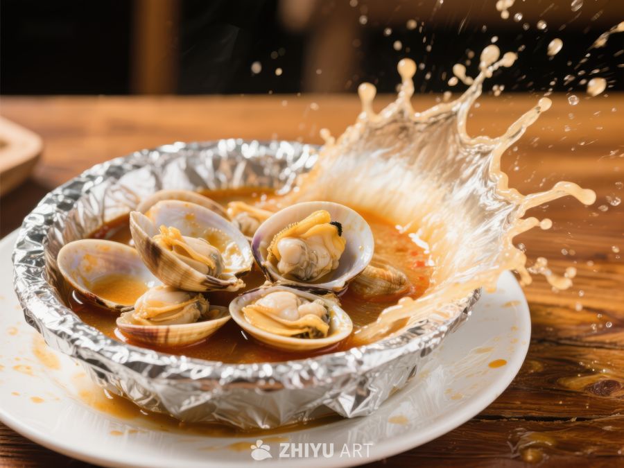 热气腾腾的蛤蜊汤，汤汁四溅