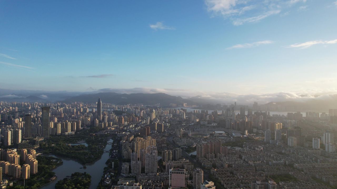 浙江温州城市清晨日出彩霞航拍
