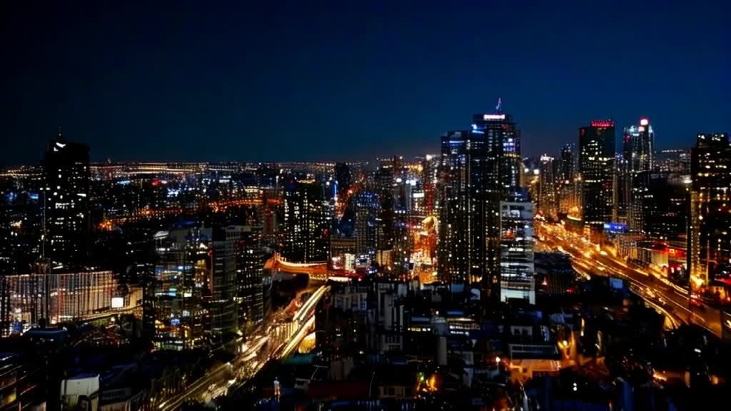 城市夜景，高耸的建筑物密布，呈现出密集的灯光，道路